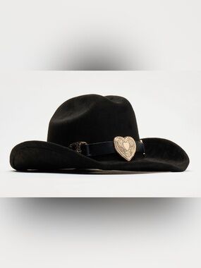 Black Felt Fedora Hat with Decorative Heart Buckle